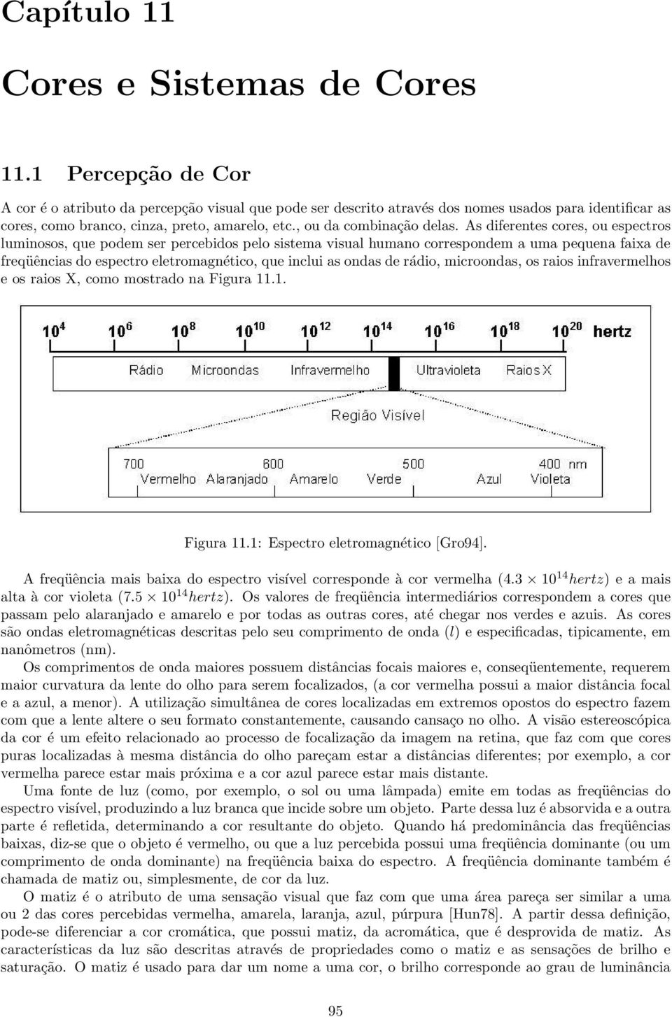 As diferentes cores, ou espectros luminosos, que podem ser percebidos pelo sistema visual humano correspondem a uma pequena faixa de freqüências do espectro eletromagnético, que inclui as ondas de