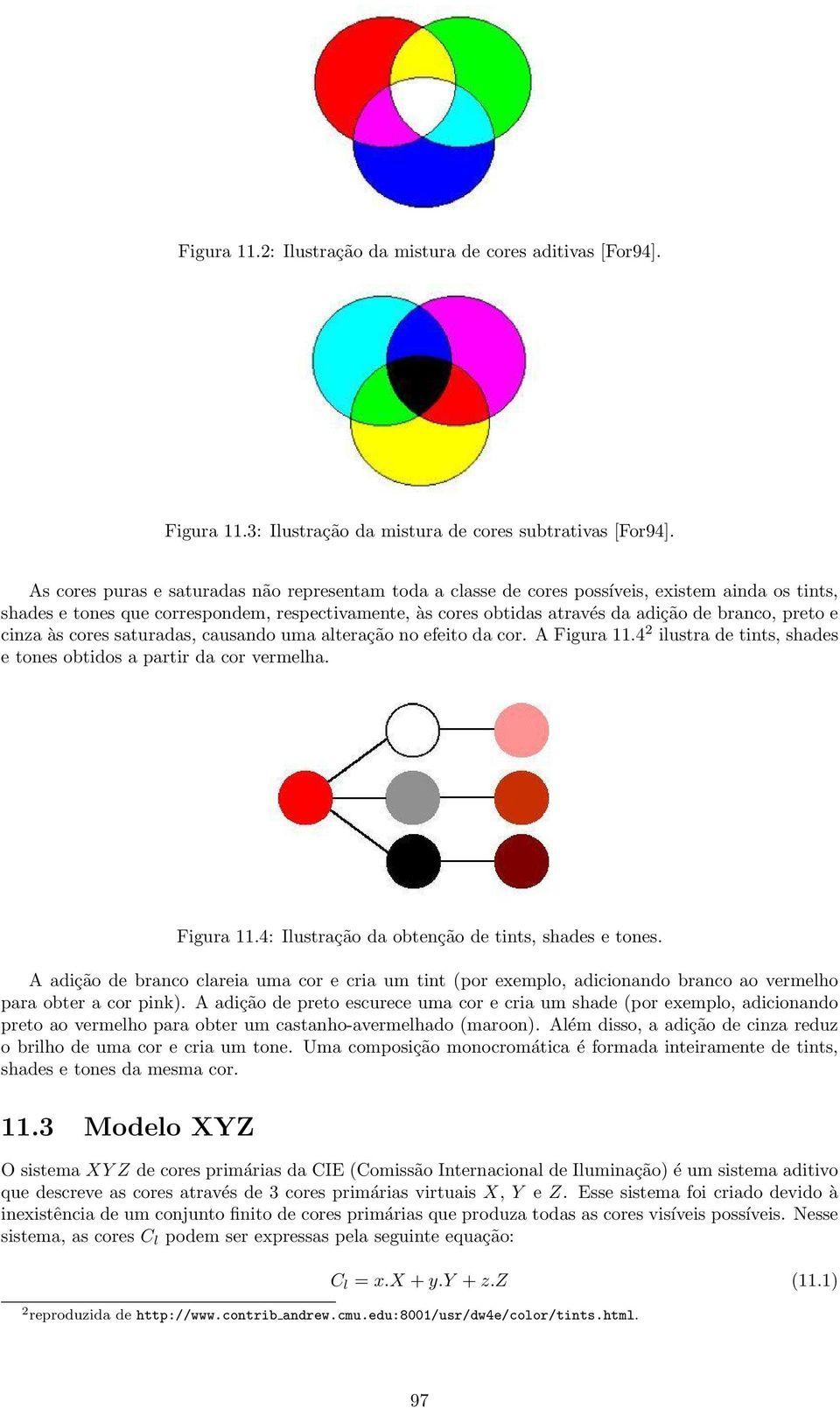 preto e cinza às cores saturadas, causando uma alteração no efeito da cor. A Figura 11.4 2 ilustra de tints, shades e tones obtidos a partir da cor vermelha. Figura 11.4: Ilustração da obtenção de tints, shades e tones.