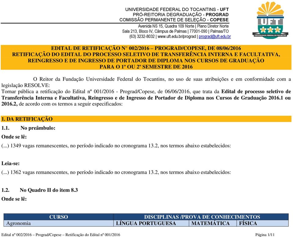 legislação RESOLVE: Tornar pública a retificação do Edital nº 001/2016 - Prograd/Copese, de 06/06/2016, que trata da Edital de processo seletivo de Transferência Interna e Facultativa, Reingresso e