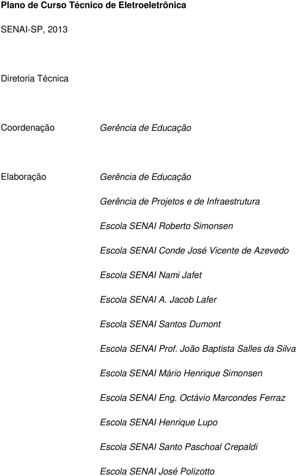 Nami Jafet Escola SENAI A. Jacob Lafer Escola SENAI Santos Dumont Escola SENAI Prof.