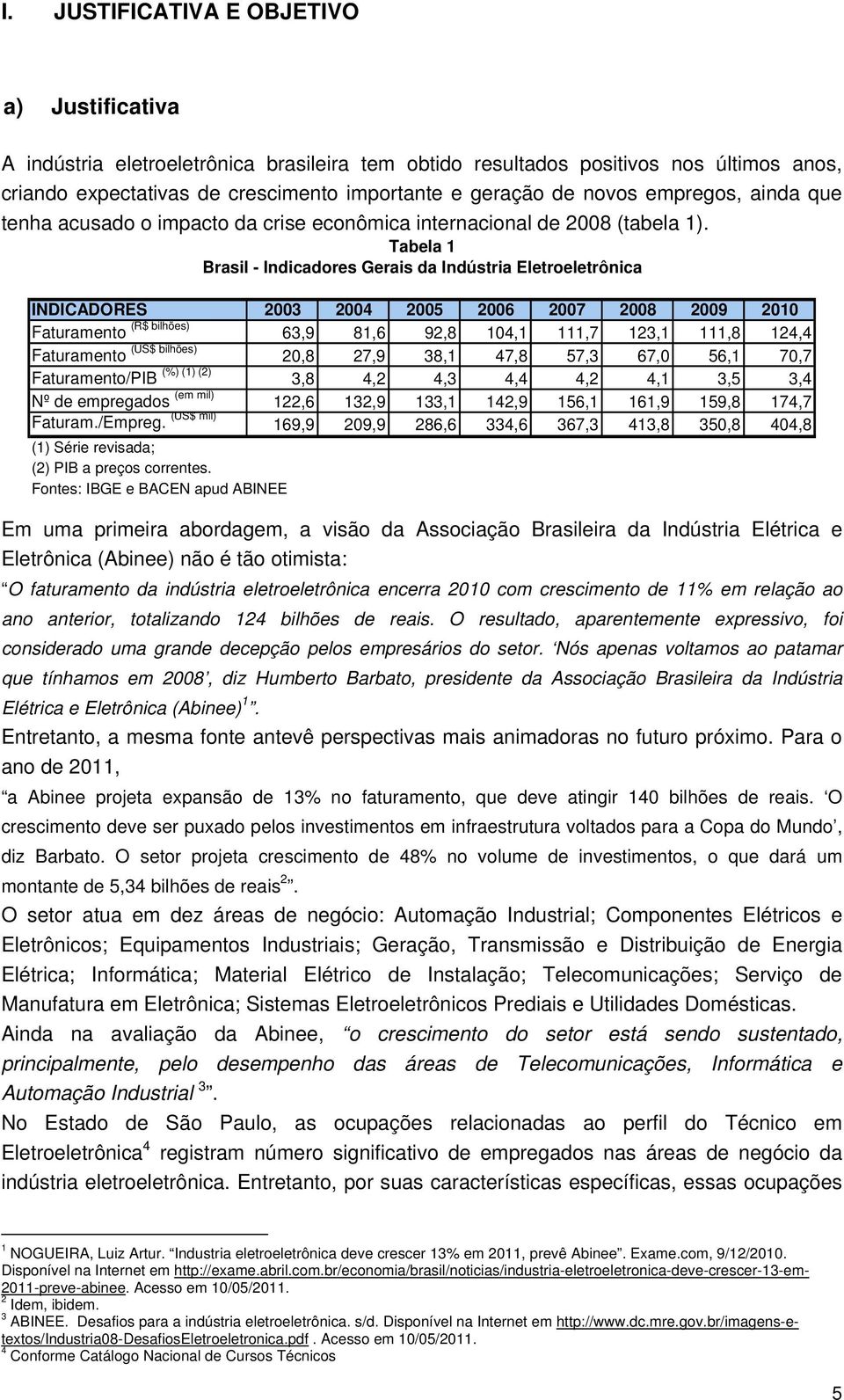 Tabela 1 Brasil - Indicadores Gerais da Indústria Eletroeletrônica INDICADORES 2003 2004 2005 2006 2007 2008 2009 2010 Faturamento (R$ bilhões) 63,9 81,6 92,8 104,1 111,7 123,1 111,8 124,4