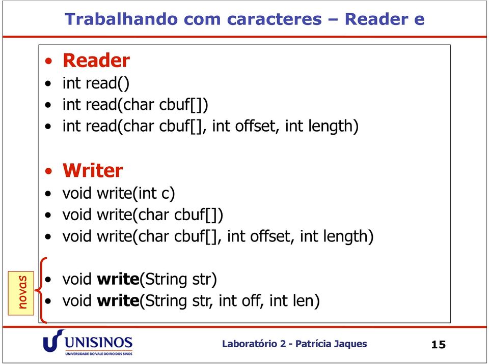 write(char cbuf[]) void write(char cbuf[], int offset, int length) novas void