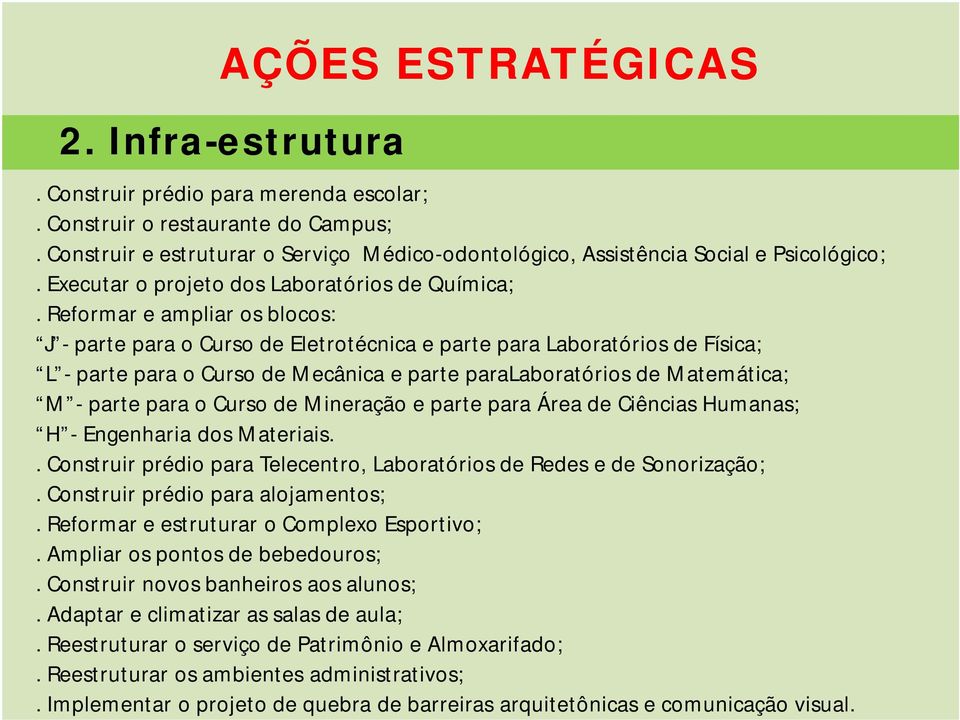 Reformar e ampliar os blocos: J - parte para o Curso de Eletrotécnica e parte para Laboratórios de Física; L - parte para o Curso de Mecânica e parte paralaboratórios de Matemática; M - parte para o