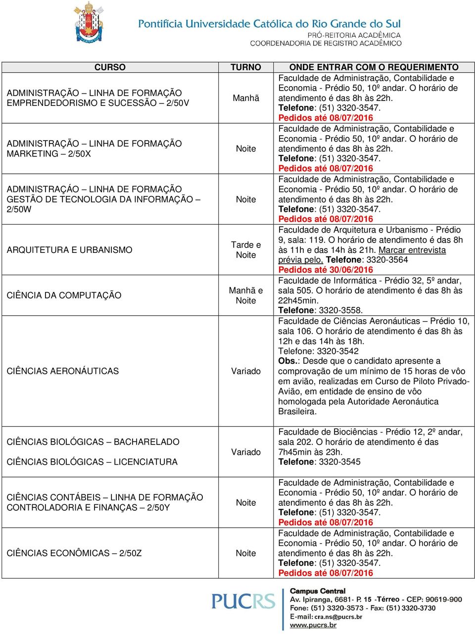 Marcar entrevista prévia pelo, Telefone: 3320-3564 Faculdade de Informática - Prédio 32, 5º andar, sala 505. O horário de atendimento é das 8h às 22h45min. Telefone: 3320-3558.