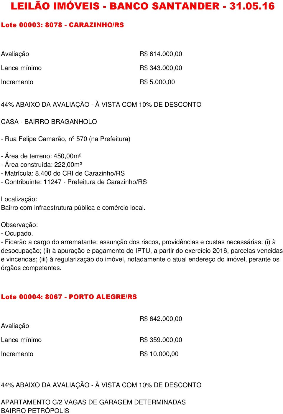 8.400 do CRI de Carazinho/RS - Contribuinte: 11247 - Prefeitura de Carazinho/RS Bairro com infraestrutura pública e comércio local.