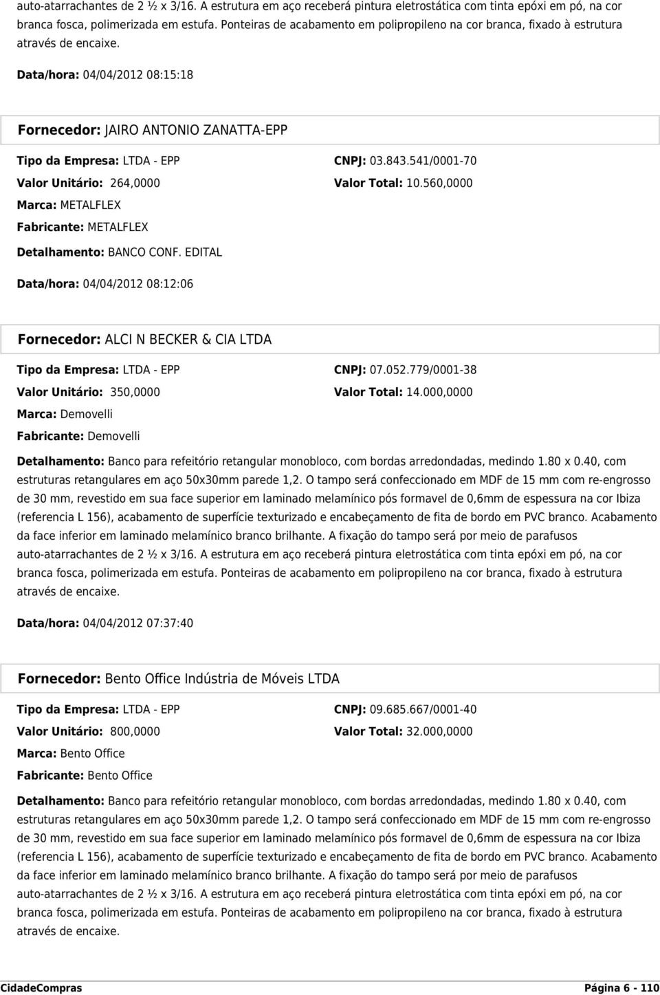 Data/hora: 04/04/2012 08:15:18 Fornecedor: JAIRO ANTONIO ZANATTA-EPP Tipo da Empresa: LTDA - EPP CNPJ: 03.843.541/0001-70 Valor Unitário: 264,0000 Valor Total: 10.