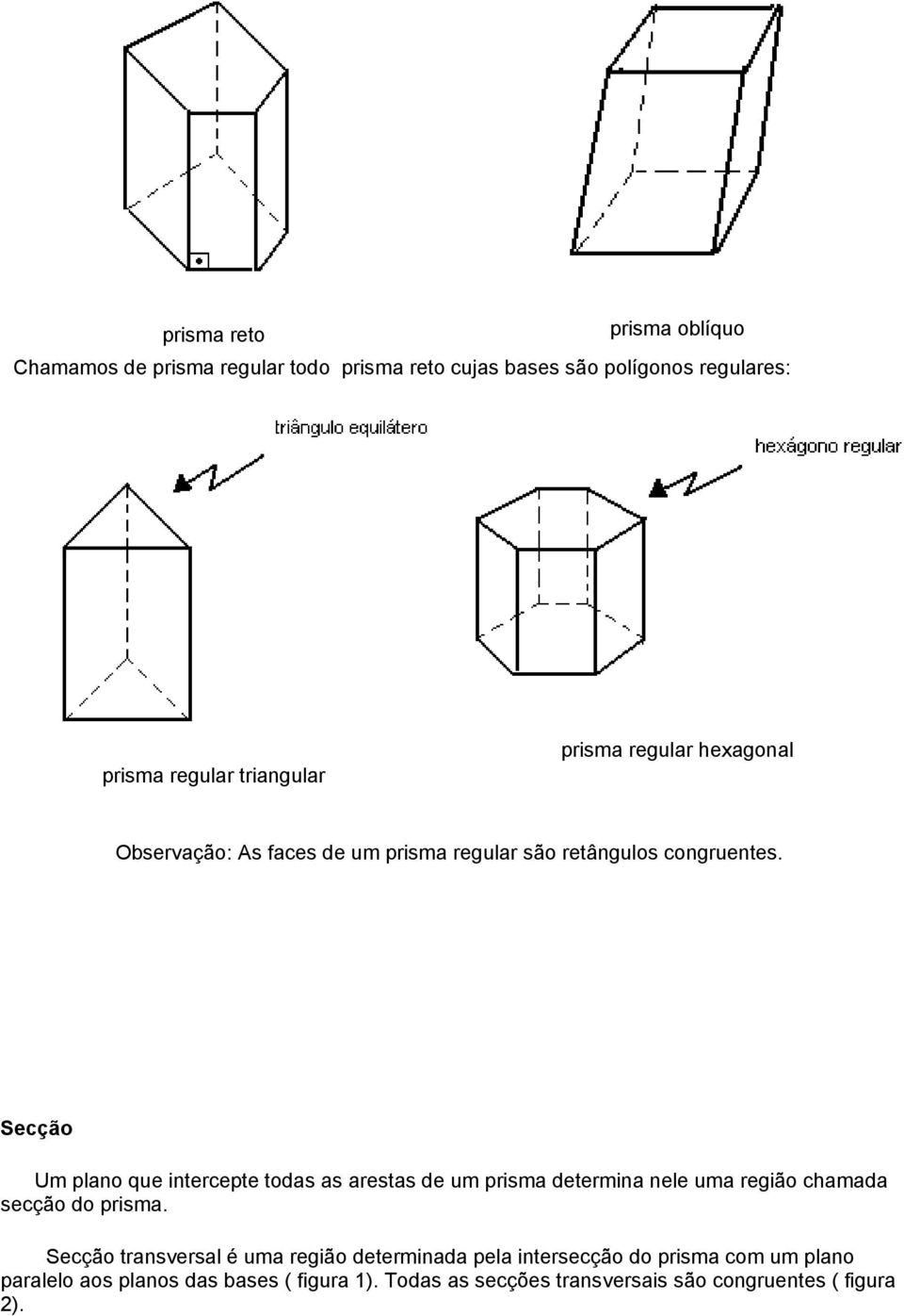 Secção Um plano que intercepte todas as arestas de um prisma determina nele uma região chamada secção do prisma.