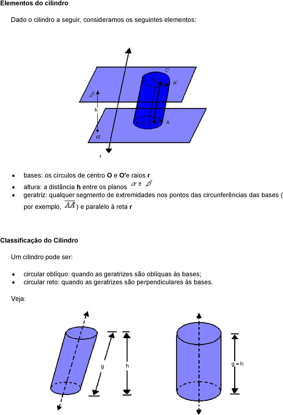 circunferências das bases ( por exemplo, ) e paralelo à reta r Classificação do Cilindro Um cilindro pode ser: