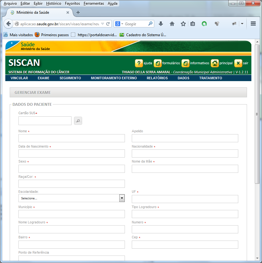 Atualização do Cartão Nacional de Saúde para o Siscan Quando um novo exame é requisitado no Siscan é necessário inserir o CNS do paciente para preenchimento dos campos do cadastro.