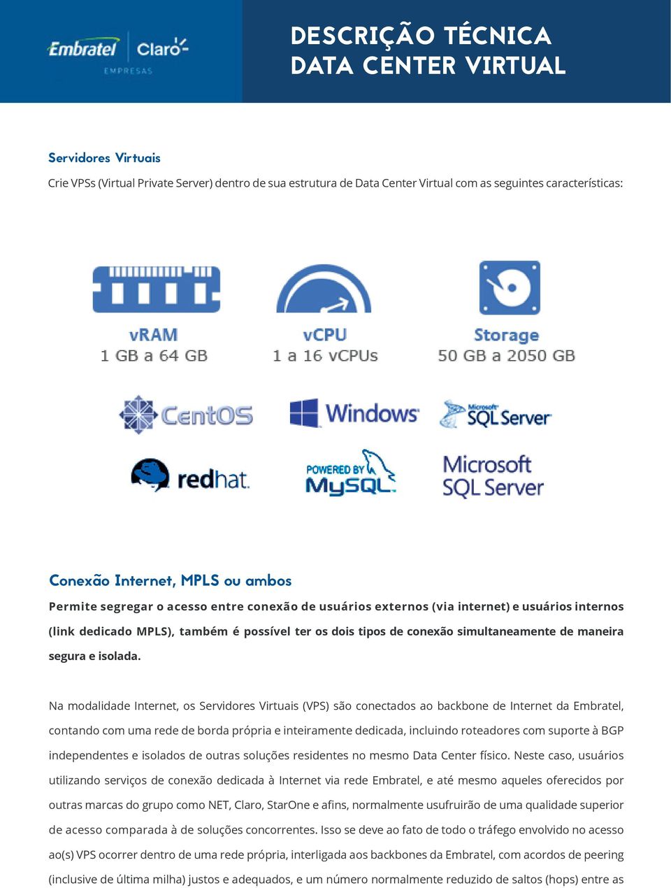 Na modalidade Internet, os Servidores Virtuais (VPS) são conectados ao backbone de Internet da Embratel, contando com uma rede de borda própria e inteiramente dedicada, incluindo roteadores com