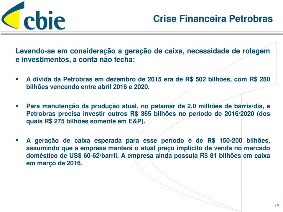 Para manutenção da produção atual, no patamar de 2,0 milhões de barris/dia, a Petrobras precisa investir outros R$ 365 bilhões no período de 2016/2020 (dos quais R$ 275