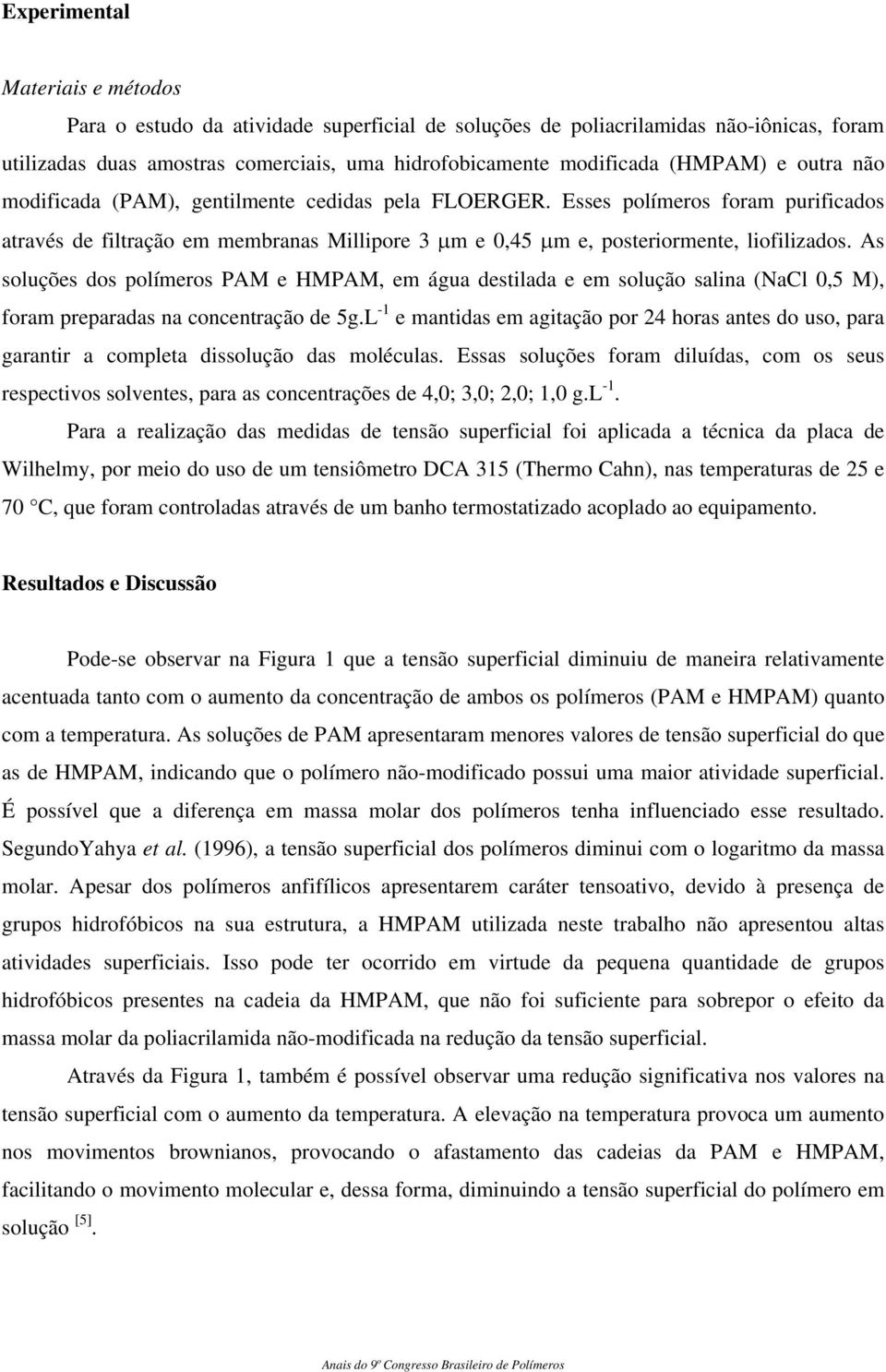 As soluções dos polímeros PAM e HMPAM, em água destilada e em solução salina (NaCl 0,5 M), foram preparadas na concentração de 5g.