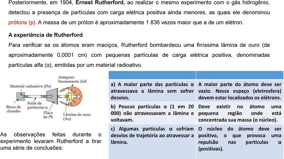 A experiência de Rutherford Para verificar se os átomos eram maciços, Rutherford bombardeou uma finíssima lâmina de ouro (de aproximadamente 0,0001 cm) com pequenas partículas de carga elétrica