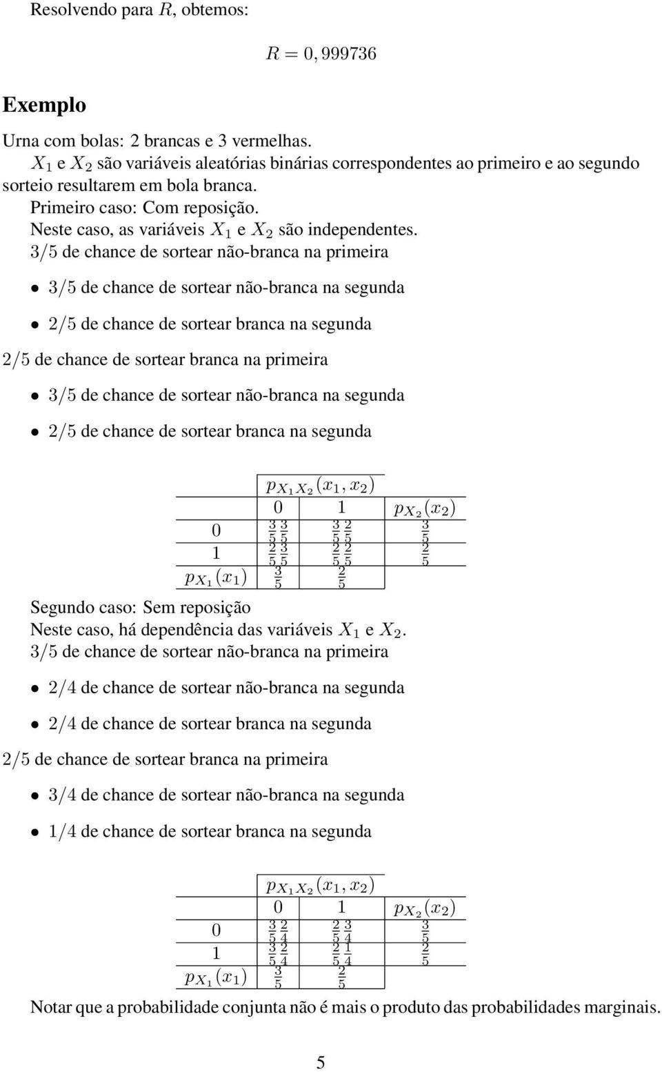 3/5 de chance de sortear não-branca na primeira 3/5 de chance de sortear não-branca na segunda 2/5 de chance de sortear branca na segunda 2/5 de chance de sortear branca na primeira 3/5 de chance de