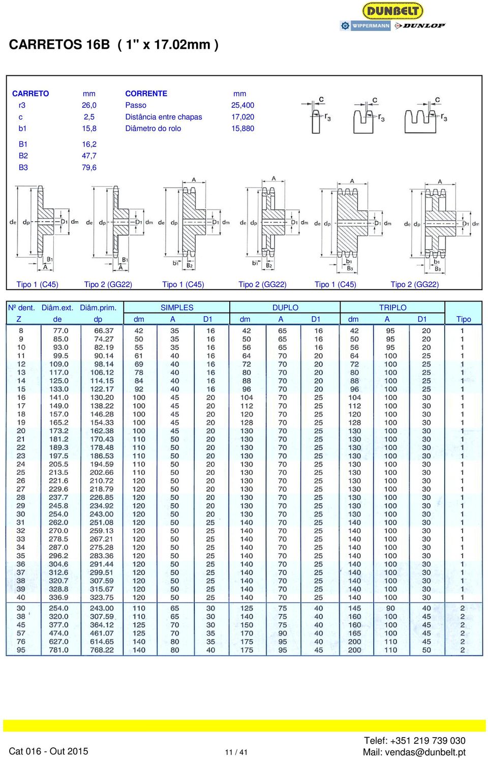 15,8 Diâmetro do rolo 15,880 B1 16,2 B2 47,7 B3 79,6 Tipo 1 (C45) Tipo 2 (GG22) Tipo 1