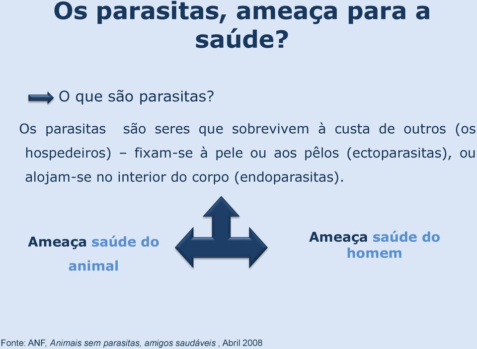 pele ou aos pêlos (ectoparasitas), ou alojam-se no interior do corpo