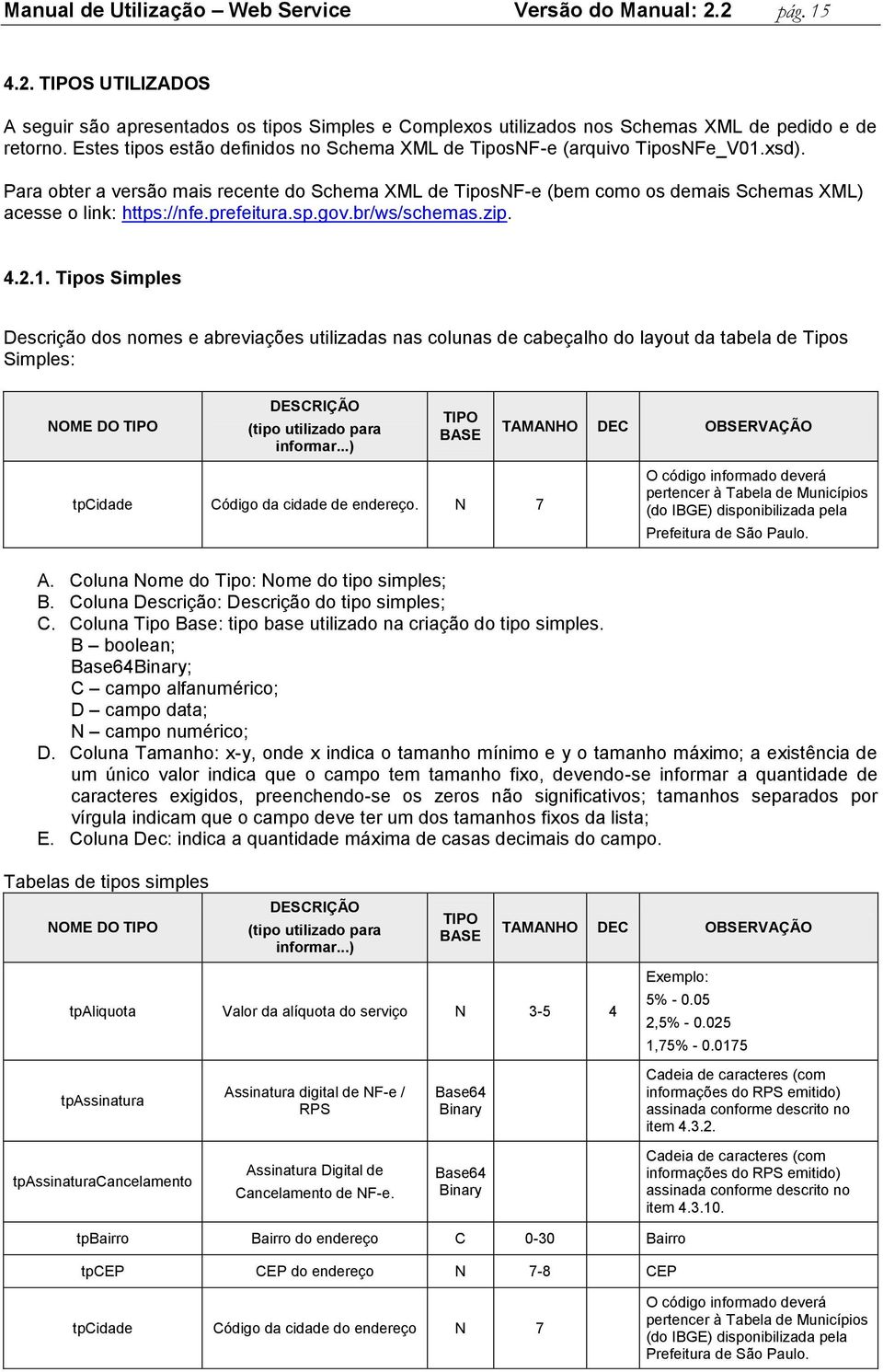 Para obter a versão mais recente do Schema XML de TiposNF-e (bem como os demais Schemas XML) acesse o link: https://nfe.prefeitura.sp.gov.br/ws/schemas.zip. 4.2.1.