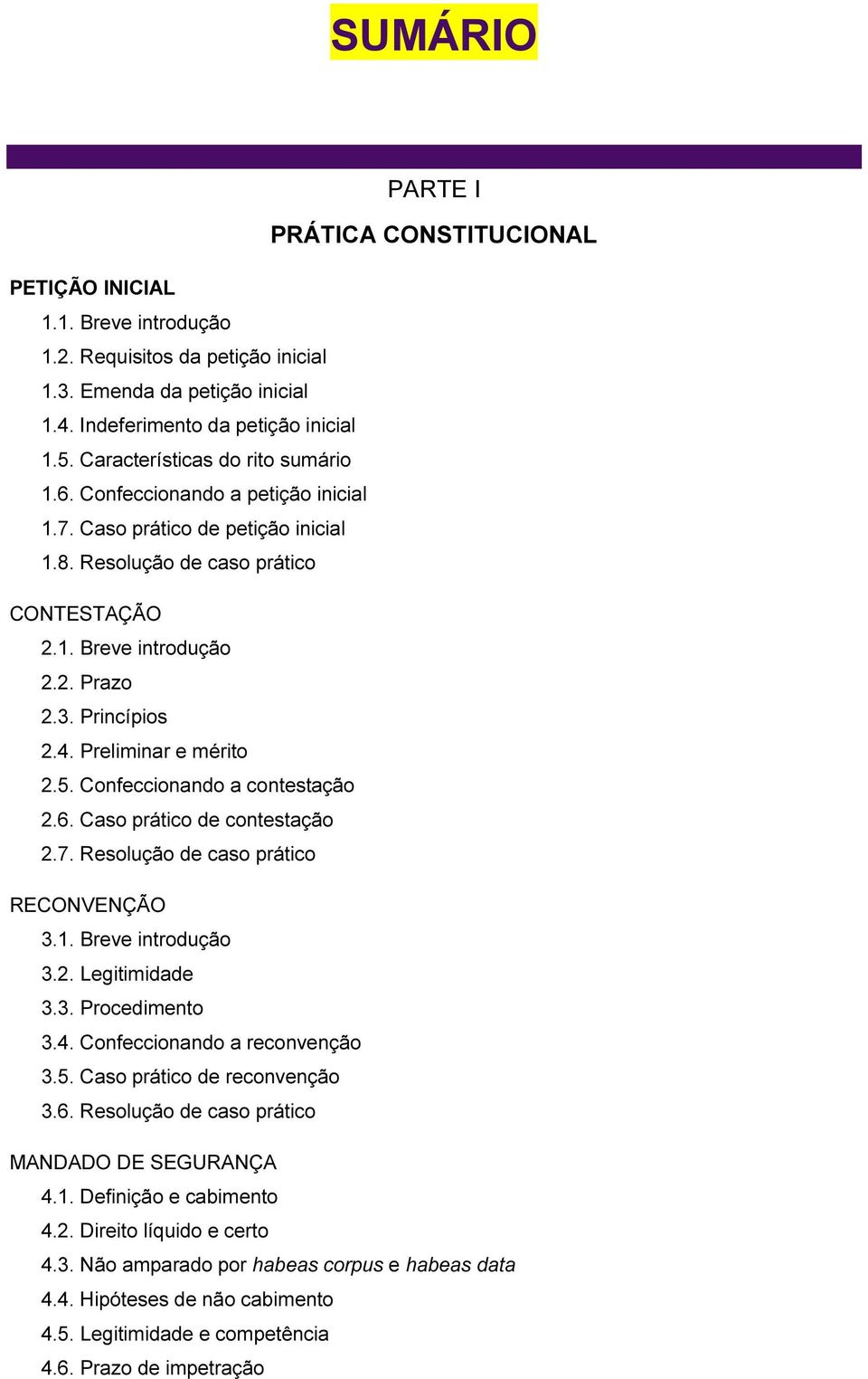 Princípios 2.4. Preliminar e mérito 2.5. Confeccionando a contestação 2.6. Caso prático de contestação 2.7. Resolução de caso prático RECONVENÇÃO 3.1. Breve introdução 3.2. Legitimidade 3.3. Procedimento 3.