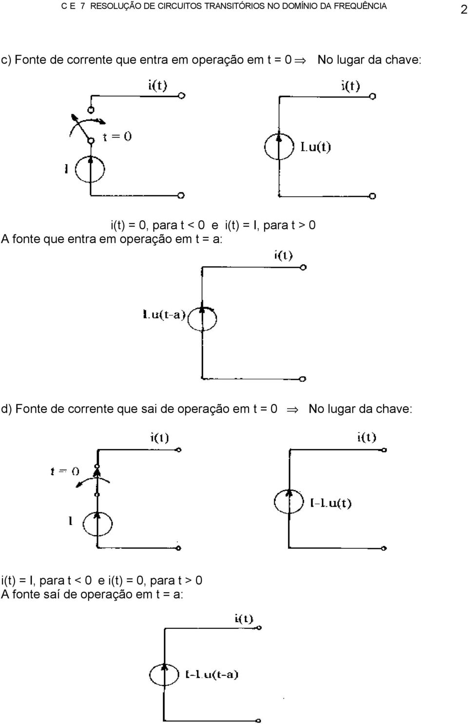 em t = a: d) Fonte de corrente que sai de operação em t = 0 No lugar da