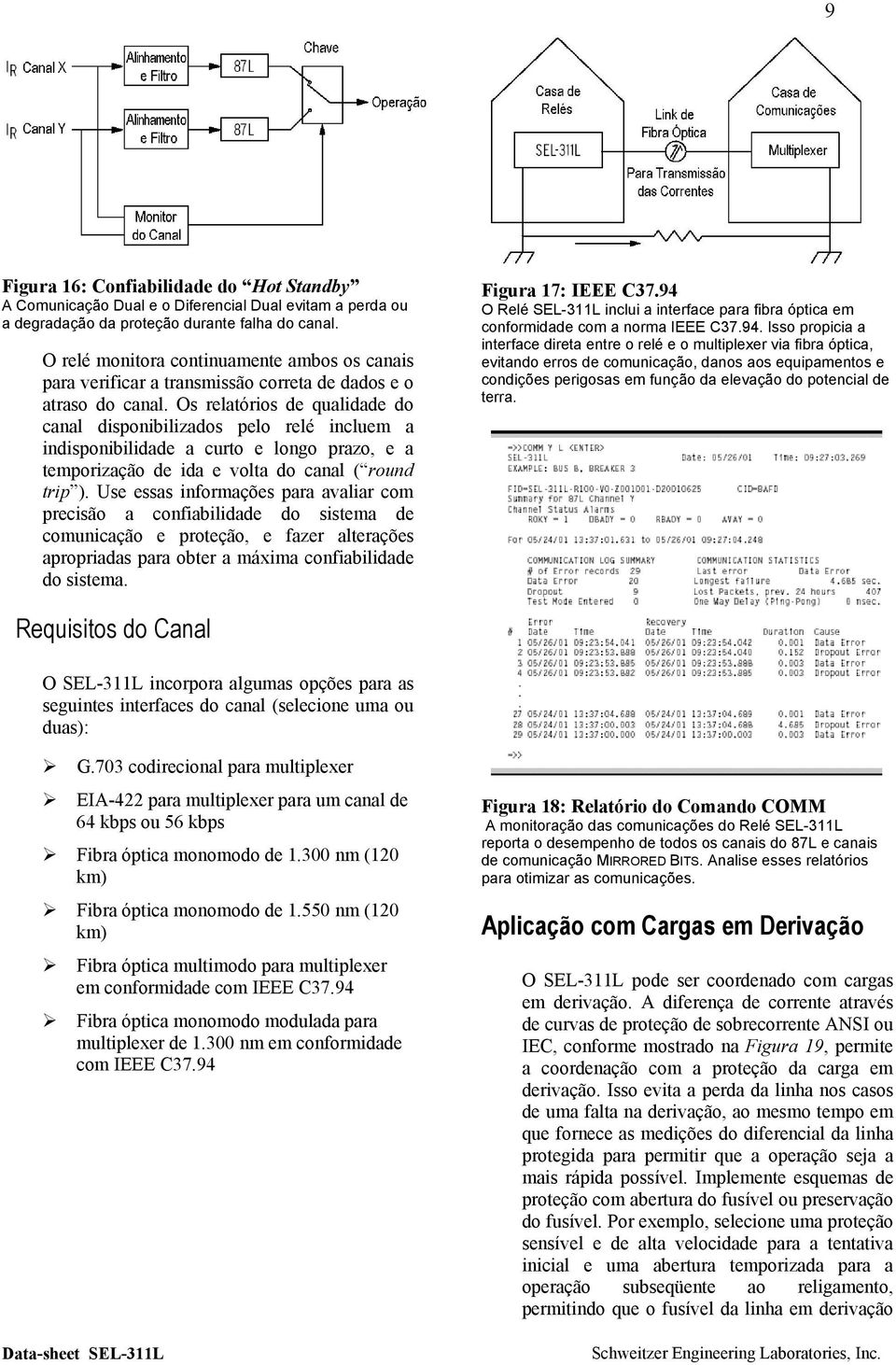 Os relatórios de qualidade do canal disponibilizados pelo relé incluem a indisponibilidade a curto e longo prazo, e a temporização de ida e volta do canal ( round trip ).