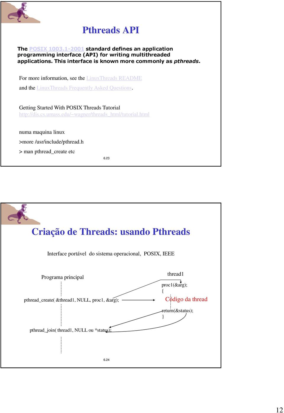 Getting Started With POSIX Threads Tutorial http://dis.cs.umass.edu/~wagner/threads_html/tutorial.html numa maquina linux >more /usr/include/pthread.h > man pthread_create etc 6.