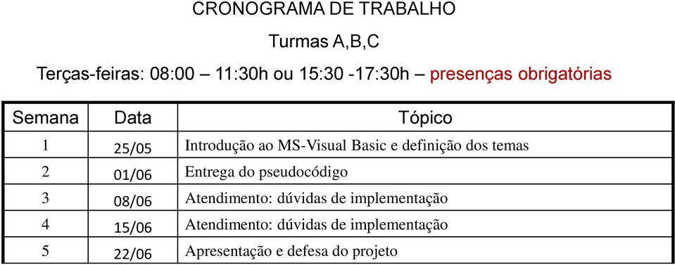 definição dos temas 2 01/06 Entrega do pseudocódigo 3 08/06 Atendimento: dúvidas de