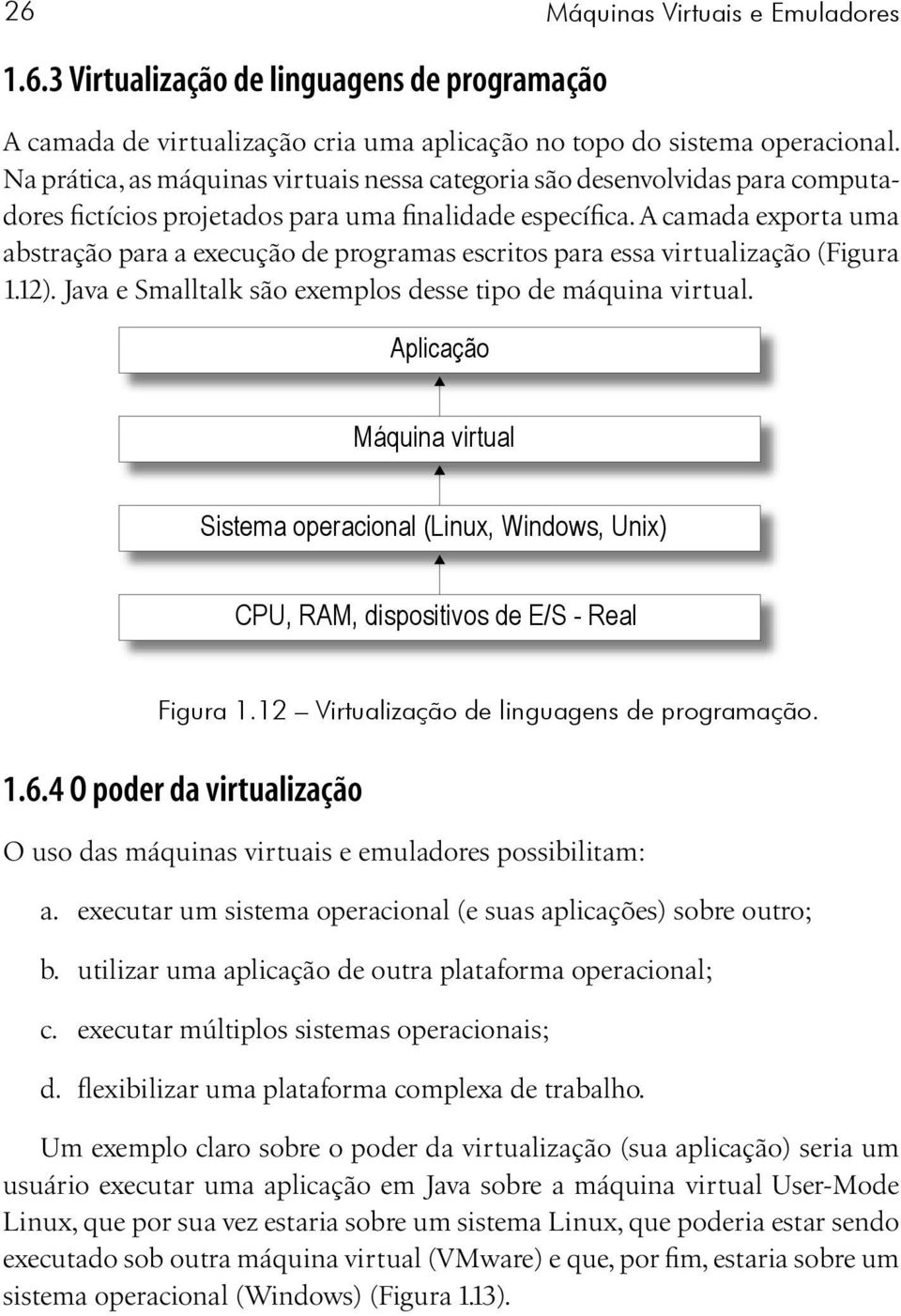 A camada exporta uma abstração para a execução de programas escritos para essa virtualização (Figura 1.12). Java e Smalltalk são exemplos desse tipo de máquina virtual.