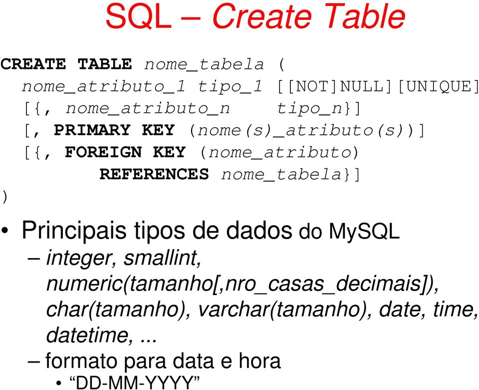 REFERENCES nome_tabela}] ) Principais tipos de dados do MySQL integer, smallint,