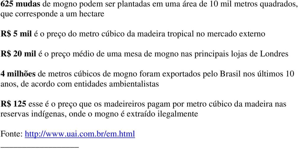 metros cúbicos de mogno foram exportados pelo Brasil nos últimos 10 anos, de acordo com entidades ambientalistas R$ 125 esse é o preço que