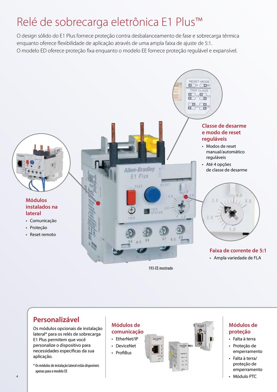 Classe de desarme e modo de reset reguláveis Modos de reset manual/automático reguláveis Até opções de classe de desarme Módulos instalados na lateral Comunicação Proteção Reset remoto 193-EE