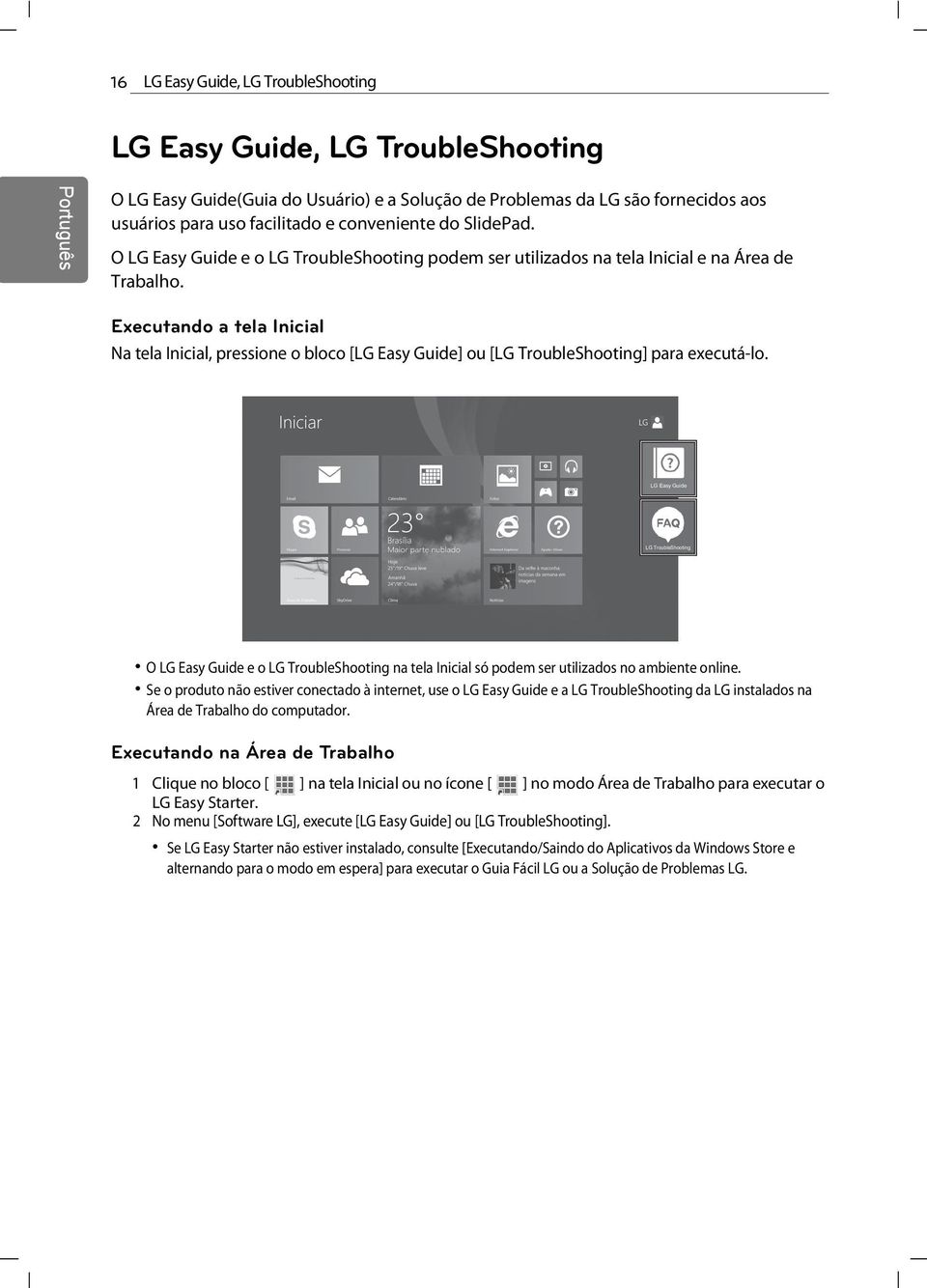 Executando a tela Inicial Na tela Inicial, pressione o bloco [LG Easy Guide] ou [LG TroubleShooting] para executá-lo.