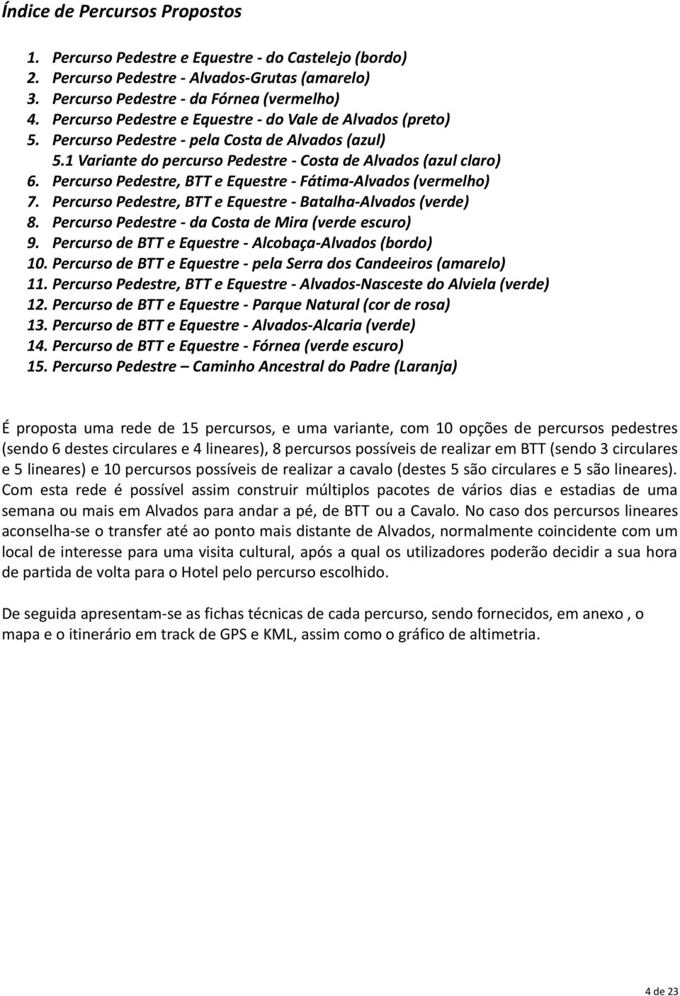 Percurso Pedestre - pela Costa de Alvados (azul) 5.1 Variante do percurso Pedestre - Costa de Alvados (azul claro) 6. Percurso Pedestre, BTT e Equestre - Fátima-Alvados (vermelho) 7.