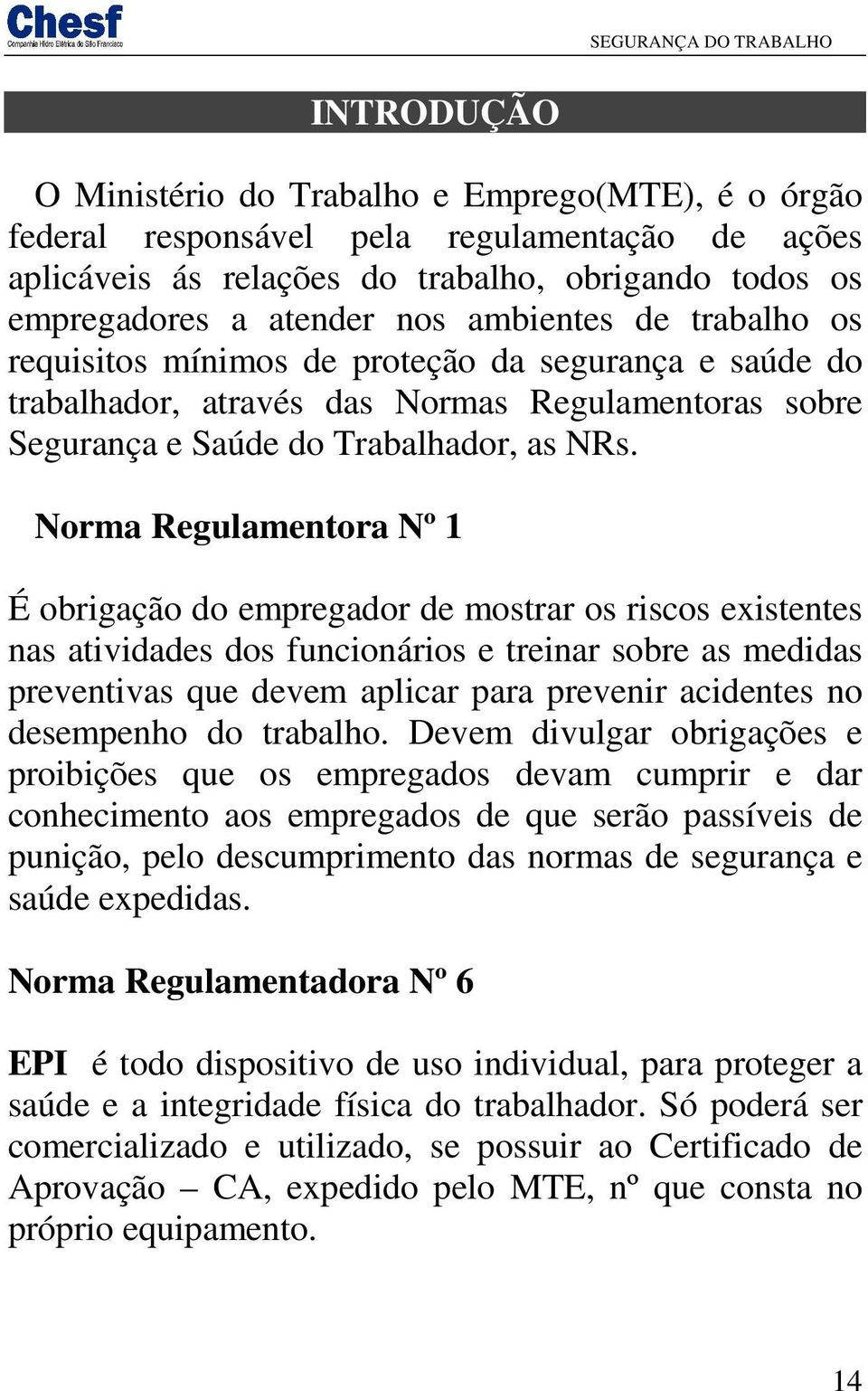 Norma Regulamentora Nº 1 É obrigação do empregador de mostrar os riscos existentes nas atividades dos funcionários e treinar sobre as medidas preventivas que devem aplicar para prevenir acidentes no