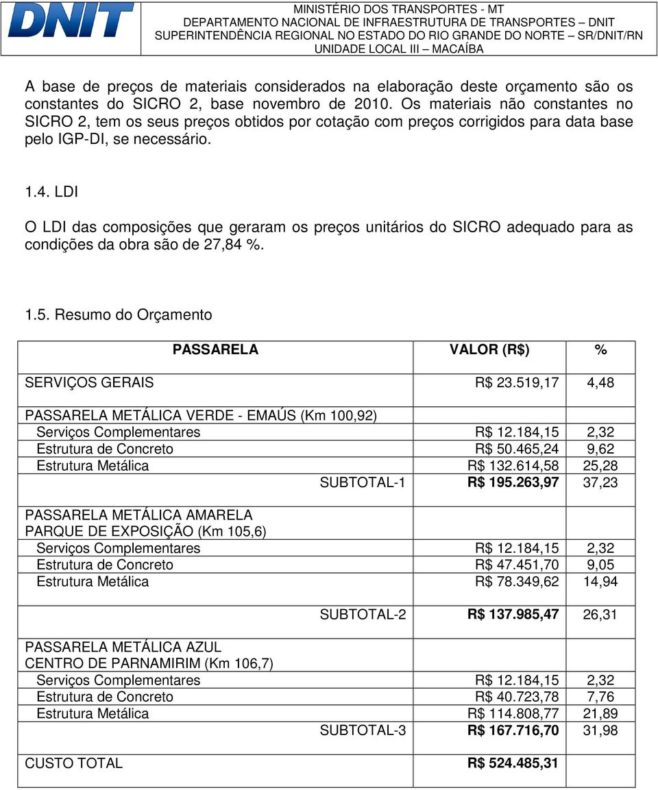LDI O LDI das composições que geraram os preços unitários do SICRO adequado para as condições da obra são de 27,84 %. 1.5. Resumo do Orçamento PASSARELA VALOR (R$) % SERVIÇOS GERAIS R$ 23.