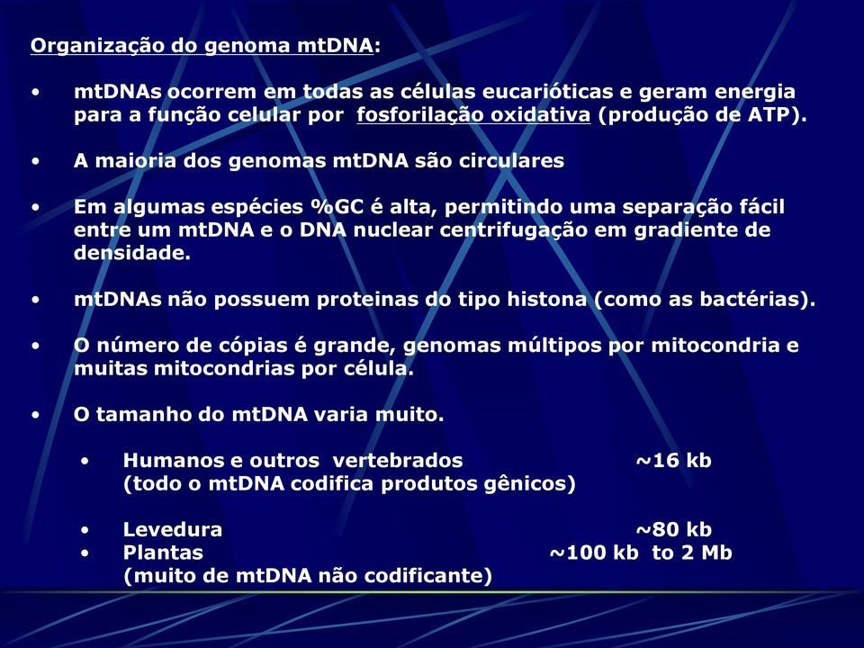 densidade. mtdnas não possuem proteinas do tipo histona (como as bactérias).