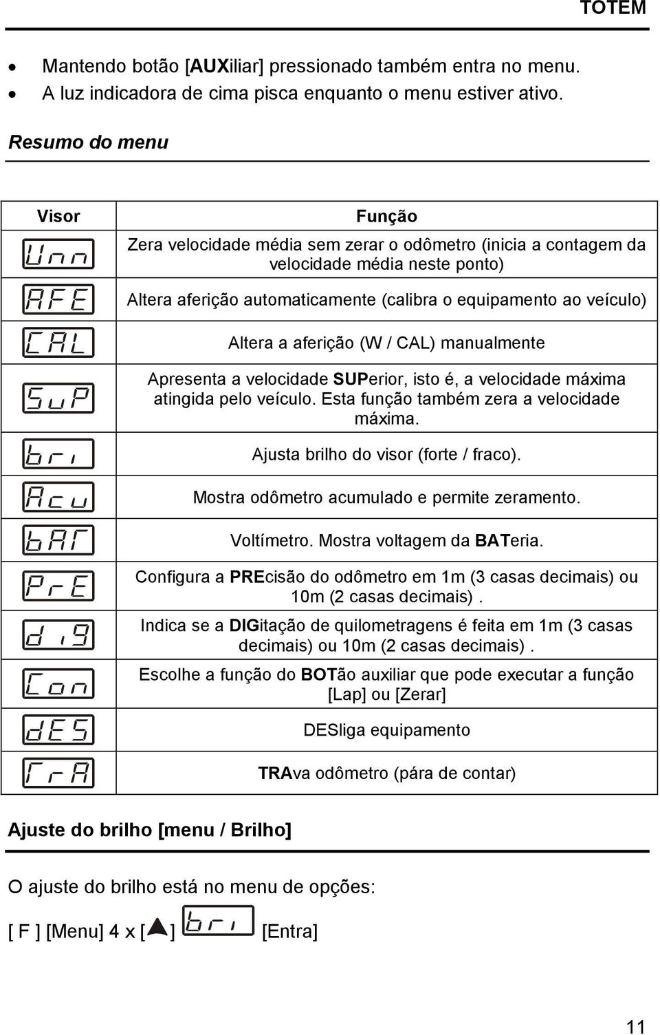 aferição (W / CAL) manualmente Apresenta a velocidade SUPerior, isto é, a velocidade máxima atingida pelo veículo. Esta função também zera a velocidade máxima. Ajusta brilho do visor (forte / fraco).