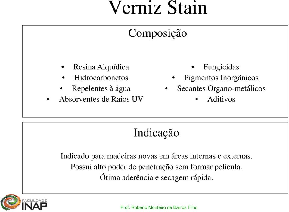 Organo-metálicos Aditivos Indicação Indicado para madeiras novas em áreas