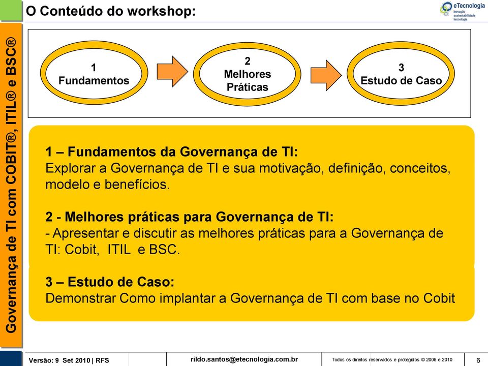 2 - Melhores práticas para Governança de TI: - Apresentar e discutir as melhores práticas para a Governança de TI:
