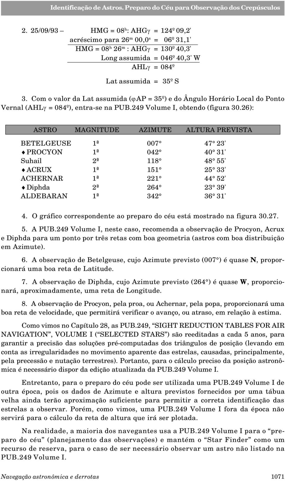 26): ASTRO MAGNITUDE AZIMUTE ALTURA PREVISTA BETELGEUSE 1ª 007 47 23' PROCYON 1ª 042 40 31' Suhail 2ª 118 48 55' ACRUX 1ª 151 25 33' ACHERNAR 1ª 221 44 52' Diphda 2ª 264 23 39' ALDEBARAN 1ª 342 36