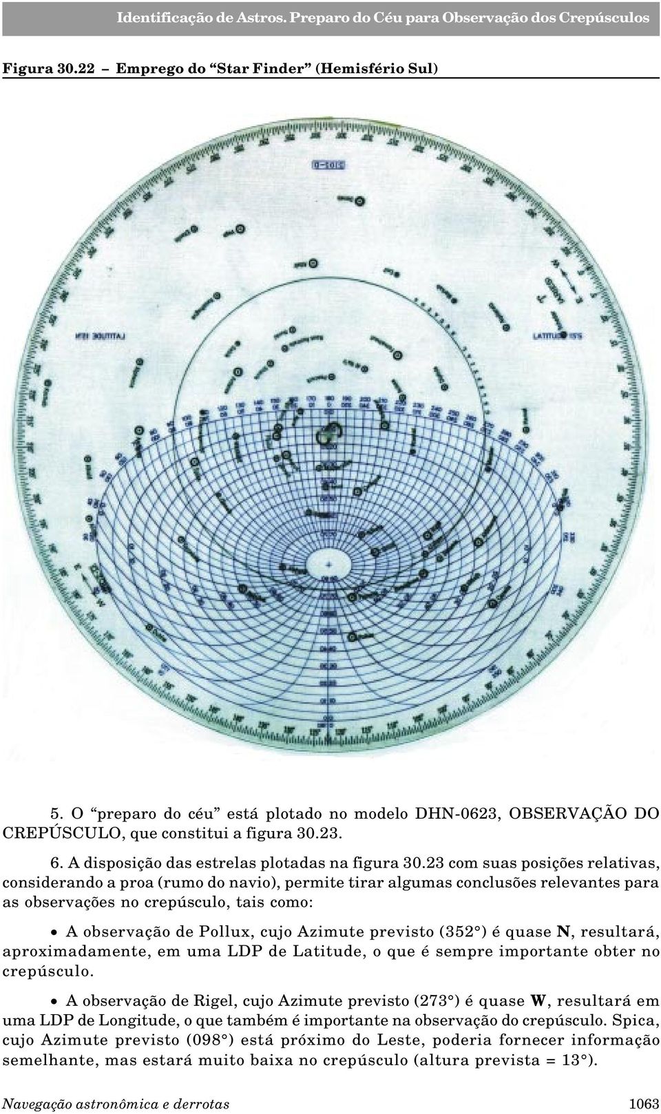 23 com suas posições relativas, considerando a proa (rumo do navio), permite tirar algumas conclusões relevantes para as observações no crepúsculo, tais como: A observação de Pollux, cujo Azimute