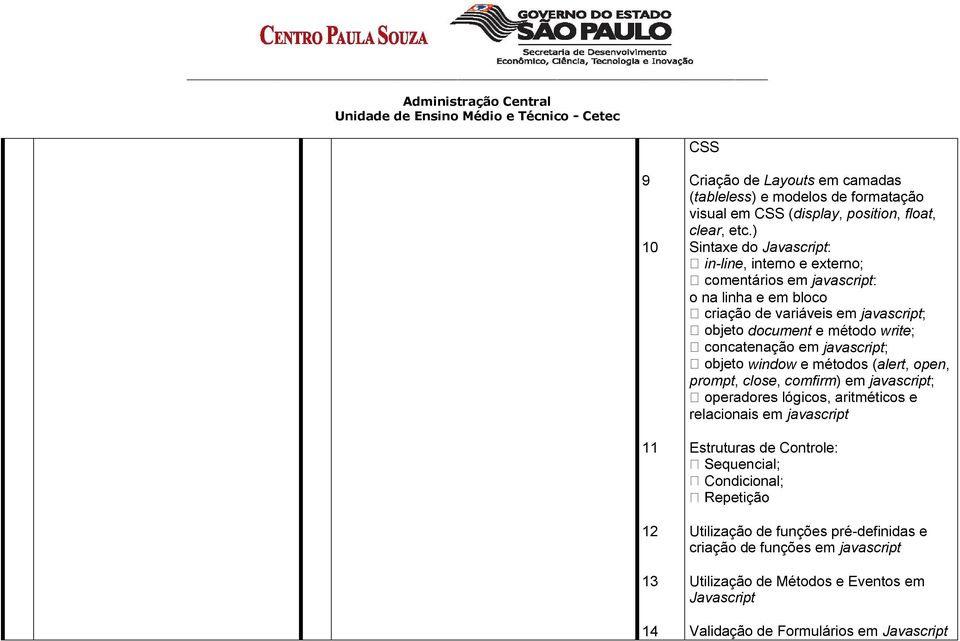 window e métodos (alert, open, prompt, close, comfirm) em javascript; relacionais em javascript 11 Estruturas de Controle: Condicional; 12