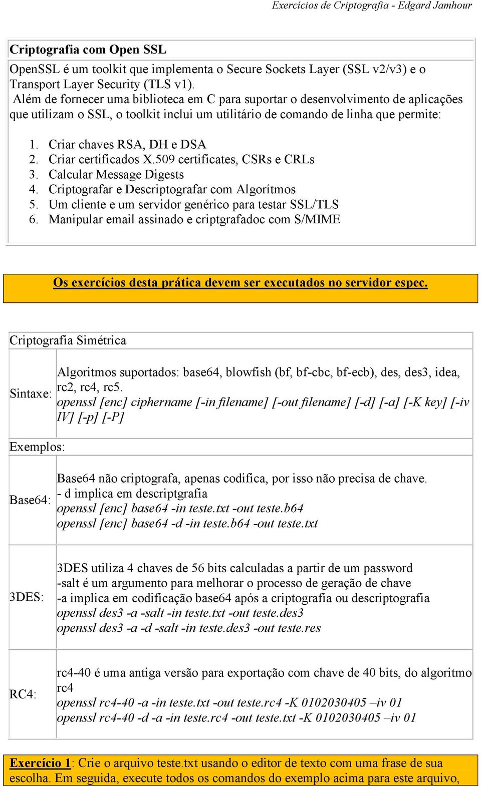 Criar certificados X.509 certificates, CSRs e CRLs 3. Calcular Message Digests 4. Criptografar e Descriptografar com Algorítmos 5. Um cliente e um servidor genérico para testar SSL/TLS 6.