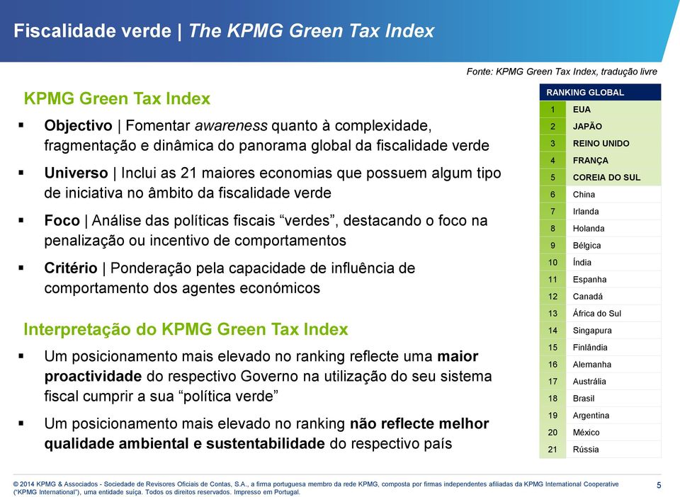 penalização ou incentivo de comportamentos Critério Ponderação pela capacidade de influência de comportamento dos agentes económicos Interpretação do KPMG Green Tax Index Um posicionamento mais