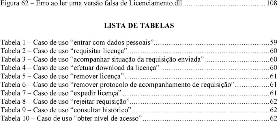 ..60 Tabela 4 Caso de uso efetuar download da licença...60 Tabela 5 Caso de uso remover licença.