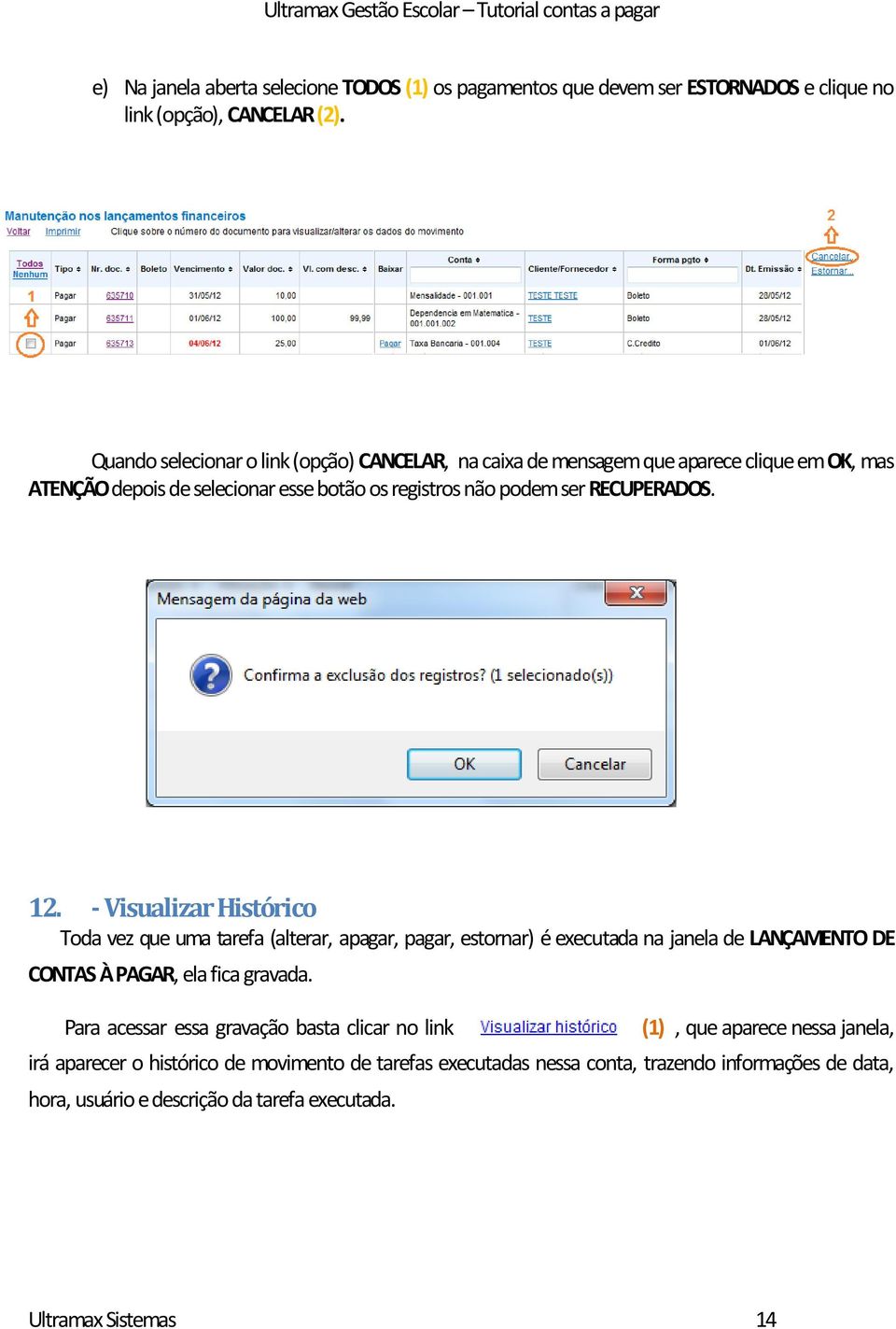 12. - Visualizar Histórico Toda vez que uma tarefa (alterar, apagar, pagar, estornar) é executada na janela de LANÇAMENTO DE CONTAS À PAGAR, ela fica gravada.