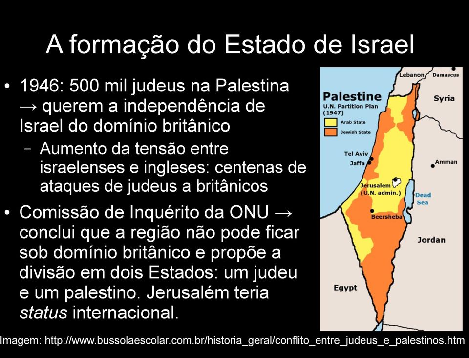 conclui que a região não pode ficar sob domínio britânico e propõe a divisão em dois Estados: um judeu e um palestino.