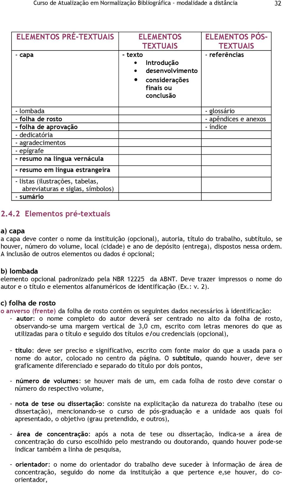 - resumo em língua estrangeira - listas (ilustrações, tabelas, abreviaturas e siglas, símbolos) - sumário 2.4.