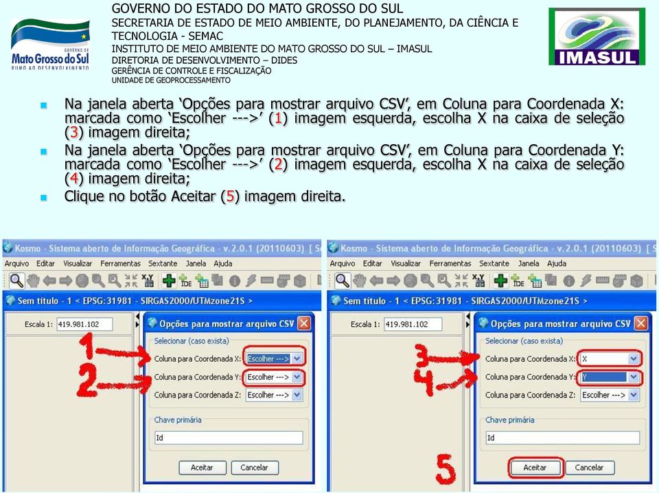 aberta Opções para mostrar arquivo CSV, em Coluna para Coordenada Y: marcada como Escolher ---> (2)