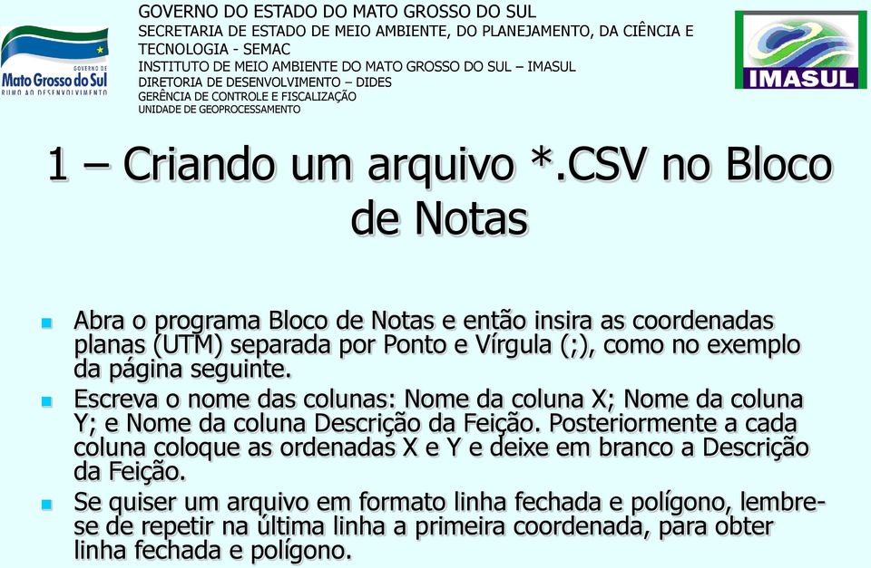 no exemplo da página seguinte. Escreva o nome das colunas: Nome da coluna X; Nome da coluna Y; e Nome da coluna Descrição da Feição.