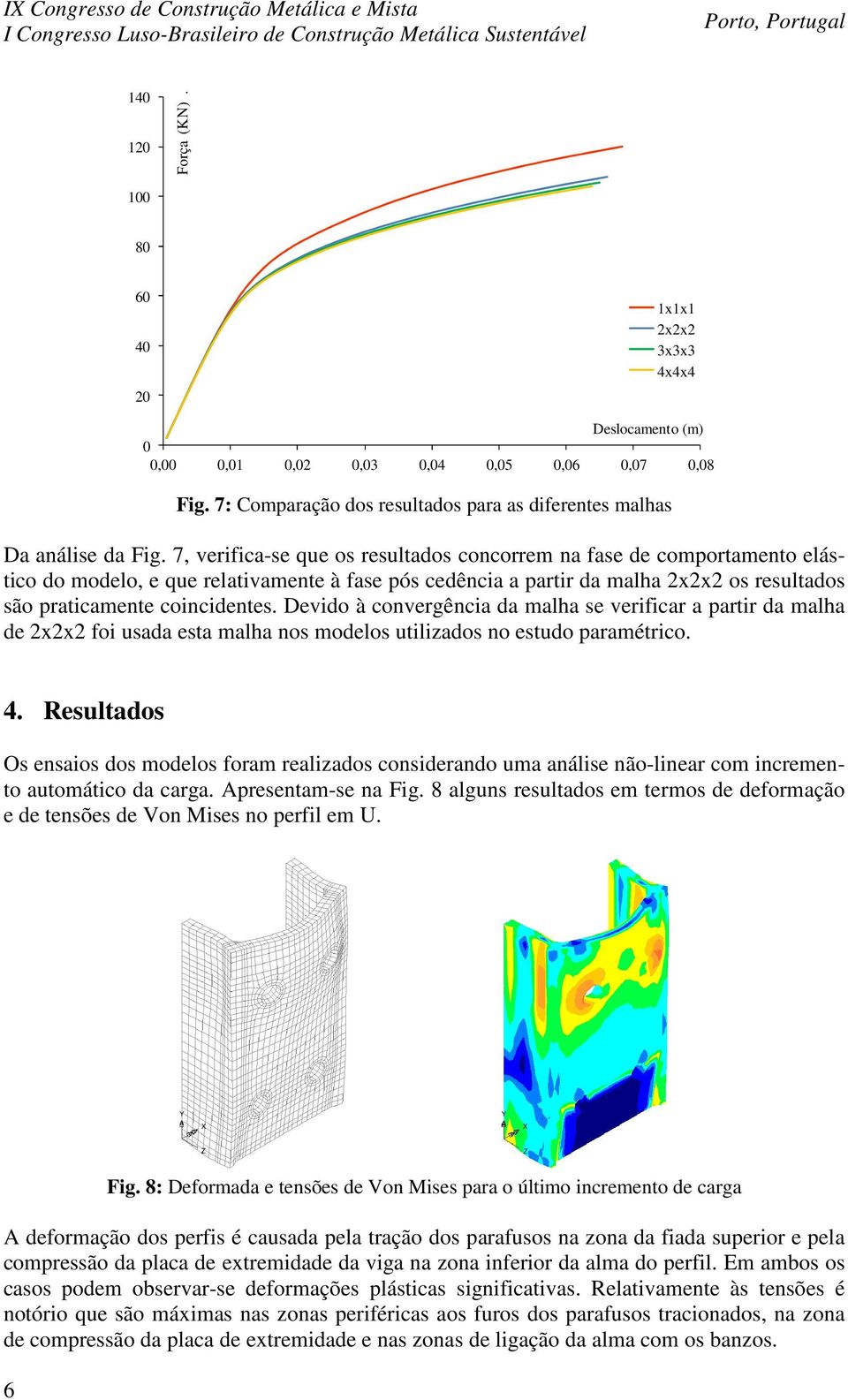 7, verifica-se que os resultados concorrem na fase de comportamento elástico do modelo, e que relativamente à fase pós cedência a partir da malha 2x2x2 os resultados são praticamente coincidentes.